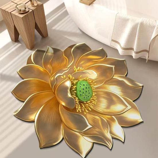 Lotus Flower Shaped Rug 3D Visual Effect Lotus Carpet Absorbent Area Rug with Non-Slip Backing for Bedroom Living Room Bathroom Kitchen