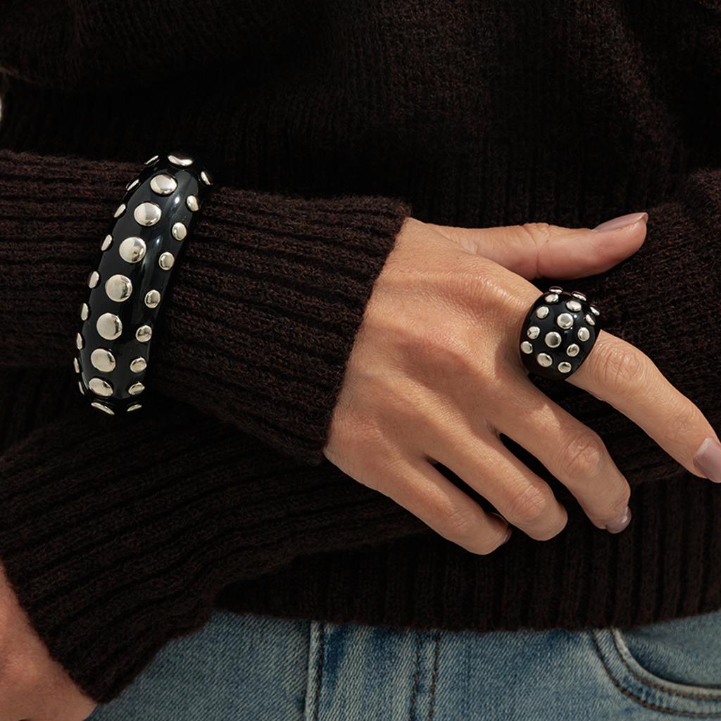 Salircon Punk Creative Rhinestone Rivet Chunky Bracelet Ring Set Women Vintage Stackable Wide Resin Bangles Grunge Jewelry Gift
