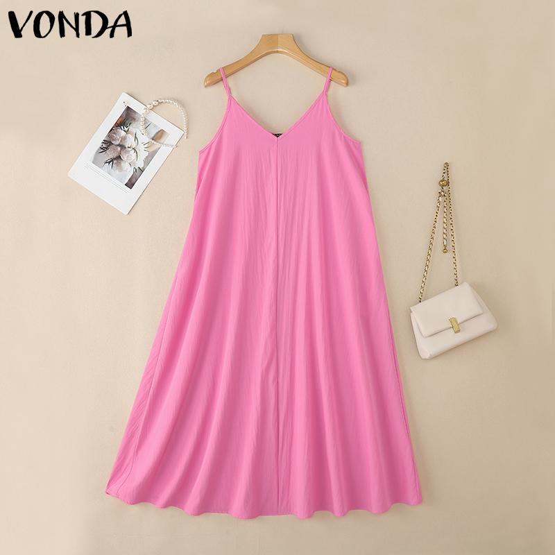 

VONDA Women Casual Strap Sleeveless Ruffled Baggy Casual Swing Long Dress S
