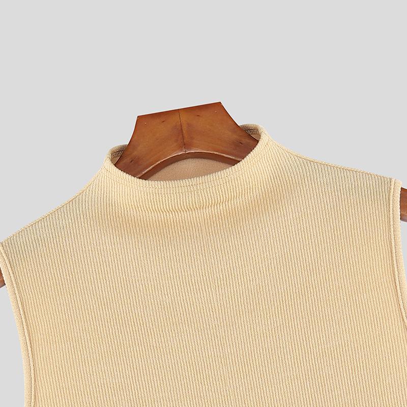 INCERUN Men Mockneck Sleeveless Rib Casual Fitted Cropped Tank Tops with Oversleeve