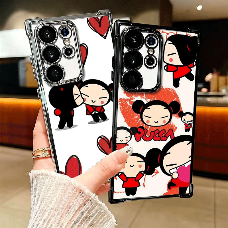 Cartoon Cute Pucca Garu Plating Phone Case For Samsung Galaxy S24 S25 FE S26 Edge S23 Ultra S22 S21 Plus S20 Anti-Fall Airabag C