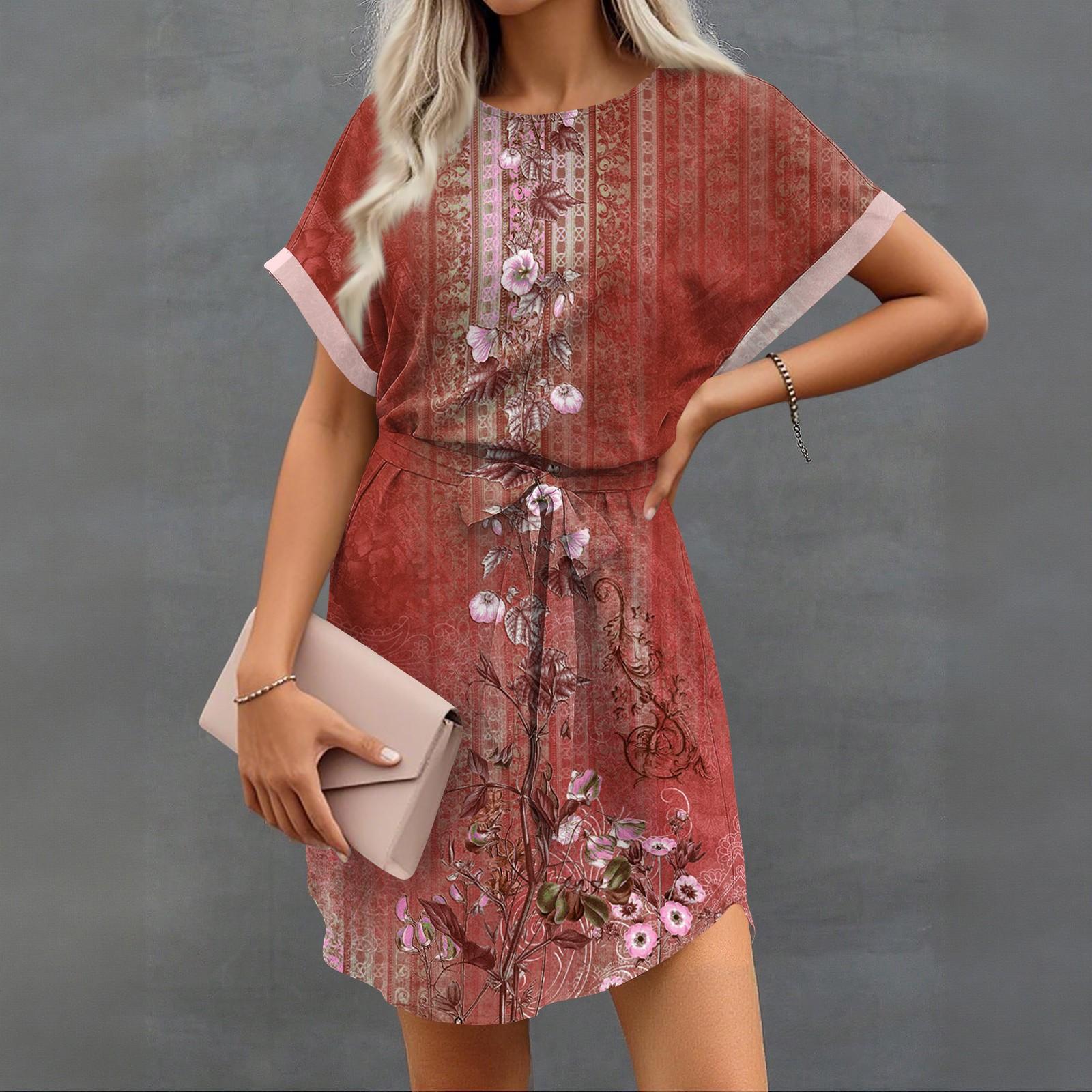 

Женские летние короткие платья с круглым вырезом, повседневное платье с рукавами «летучая мышь», с поясом для женщин XL