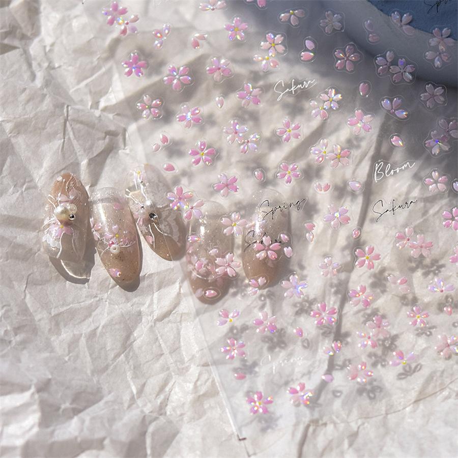 1pcs 5D Bronzing Shininy Flower Nail Art Stickers Pink Sakura Self-Adhesive Nail Decorations Decals Accessories