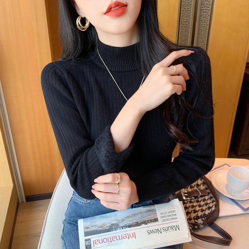 Pit Strip Semi-turtleneck Integrated Imitation Mink Velvet Bottoming Shirt Top Women's Autumn and Winter Slim-fitting Inner with Warm Knitted Sweater