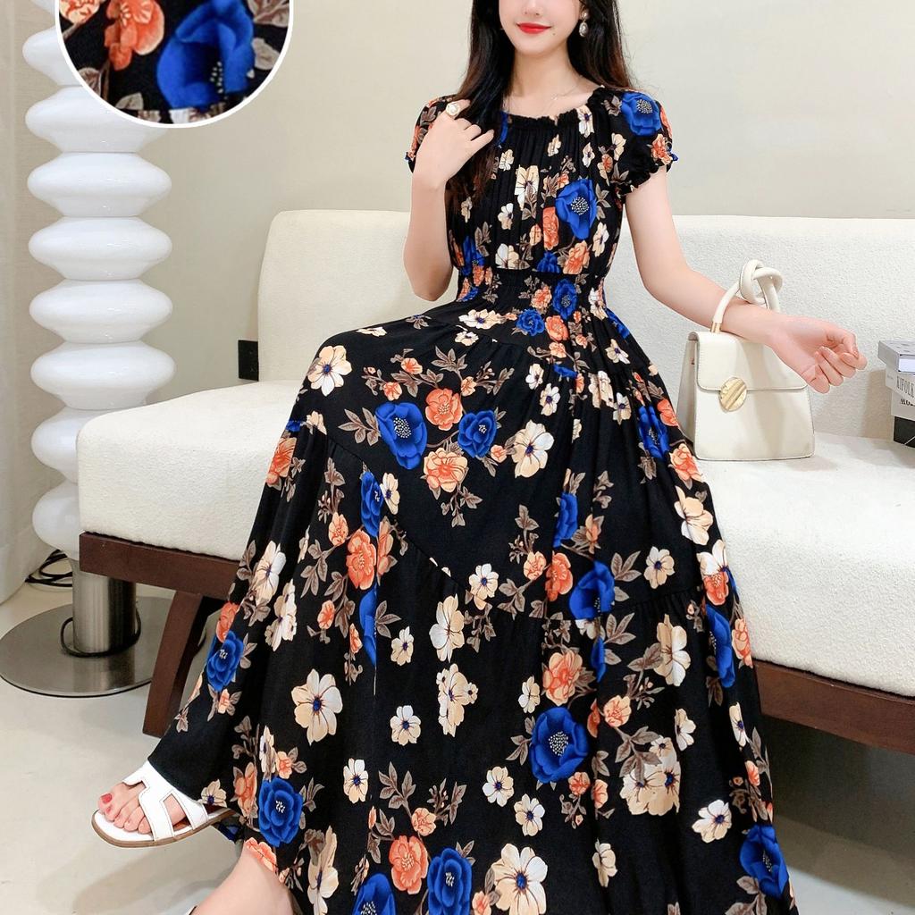2024 Women's Beach Dress Short Sleeve Floral Dress Cotton Travel Vacation Bohemian Skirt Summer Halter