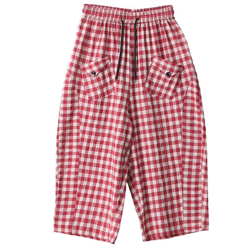 Lässige Sommer-Plaidhose Frau Übergröße Elegant Elastischer Bund Damenhose Vintage Kleidung