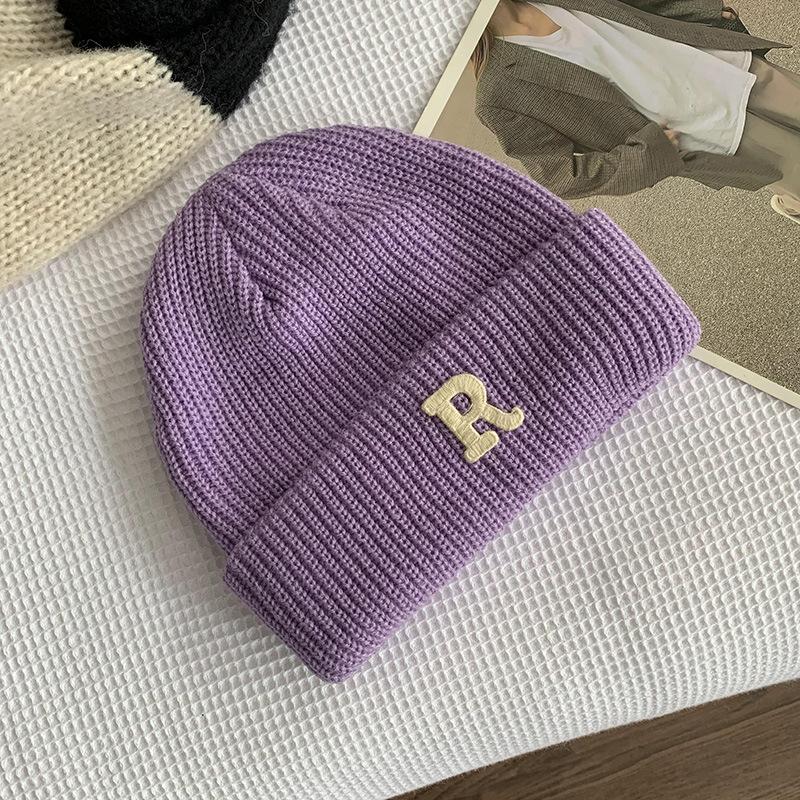 New autumn and winter R knitted wool hat casual versatile men's and women's thermal hats niche street trendy brand