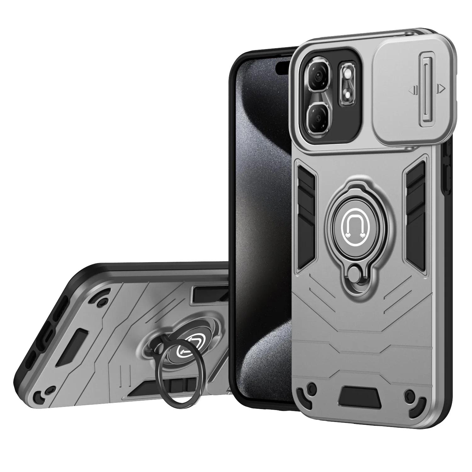 

Противоударный чехол Rugged Armor для телефона Infinix Smart 9 X6532 Hot 50i X6531 X6531B со сдвижным окном и металлическим кольцом-держателем на задней панели For Infinix Hot 50i серый