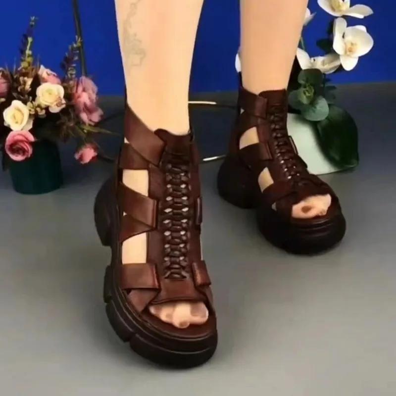 

Летняя дышащая обувь для женщин, повседневная обувь с мягкими меховыми ремешками для ночного клуба, женские сандалии на толстой подошве на толстом высоком каблуке 41 темно-коричневого