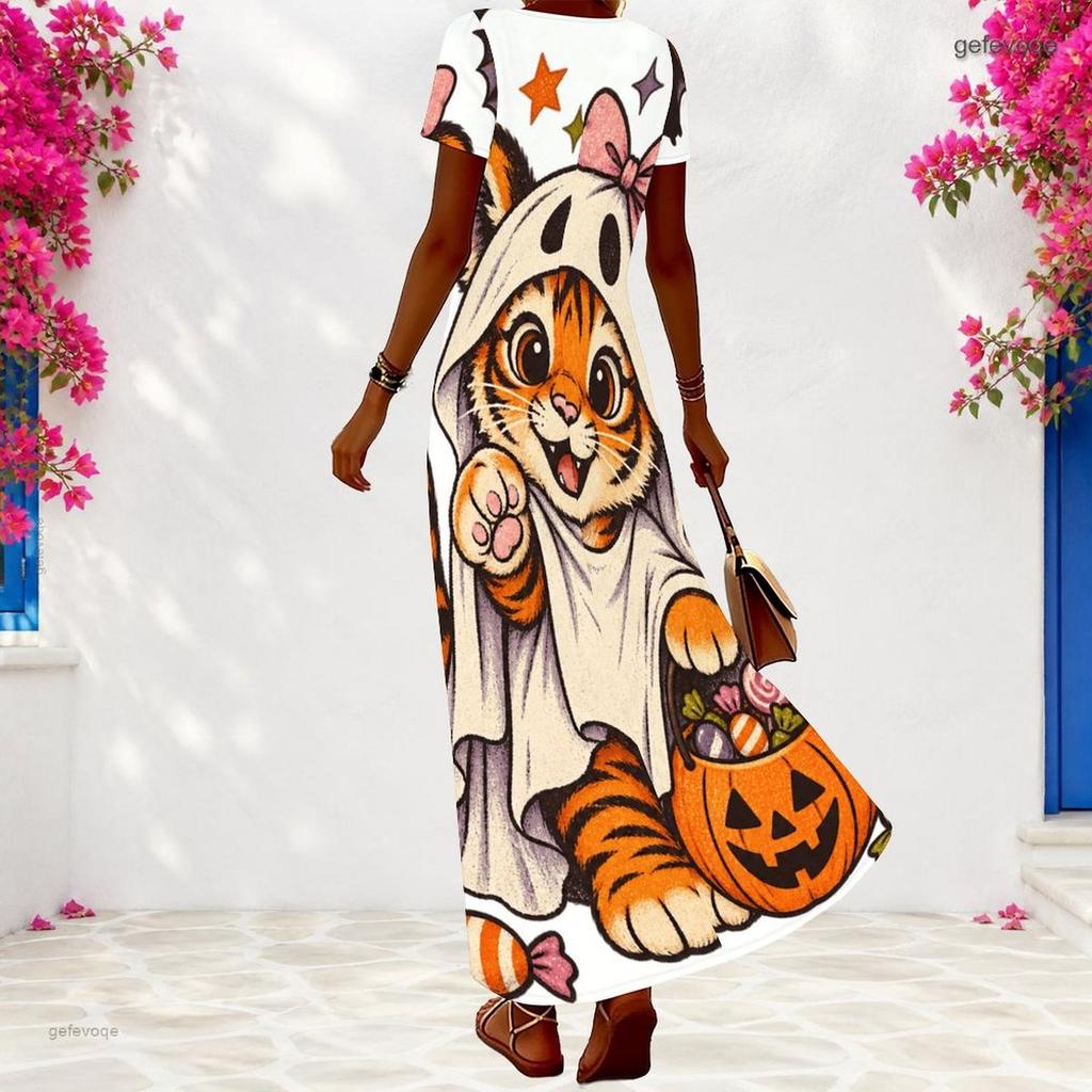 Women Plus Size V Neck Short Sleeve Colorful Printed Long Dress