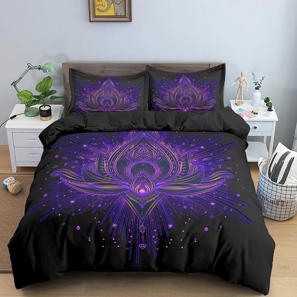 2/3dílná Sada na postel Bohemian Lotus Sada povlaku na přikrývku Mandala Květinový povlak na přikrývku Pro dospělé Černá Polyesterová sada ložního prádla Queen King Twin Pro teenagery