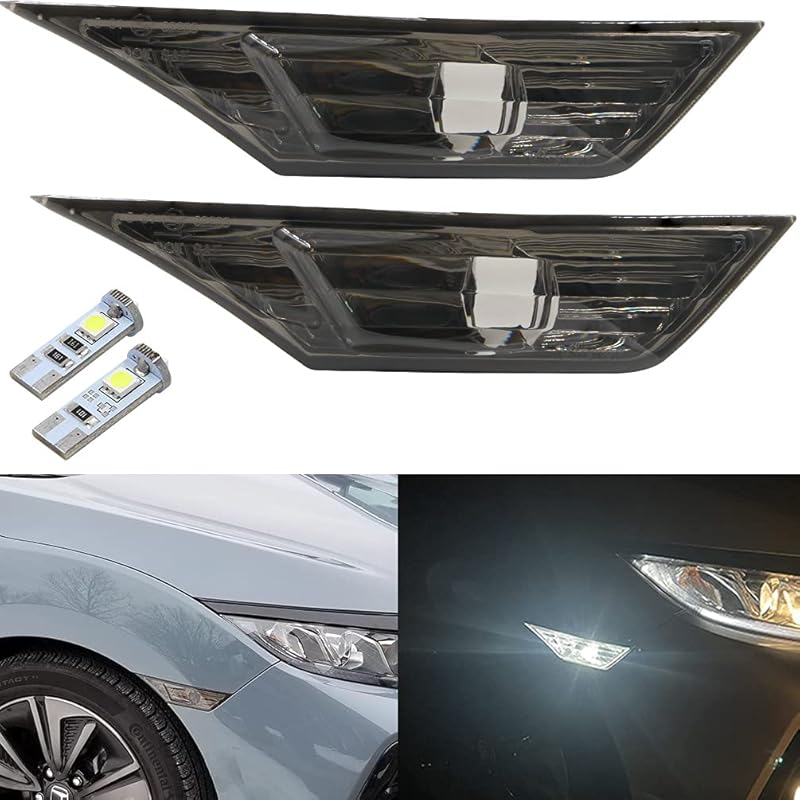 Civic LED Side Marker Lights For 2016- Honda Civic Sedan Coupe Hatchback Smoked Lens Sidemarker Amber LED Turn Signal/White LED