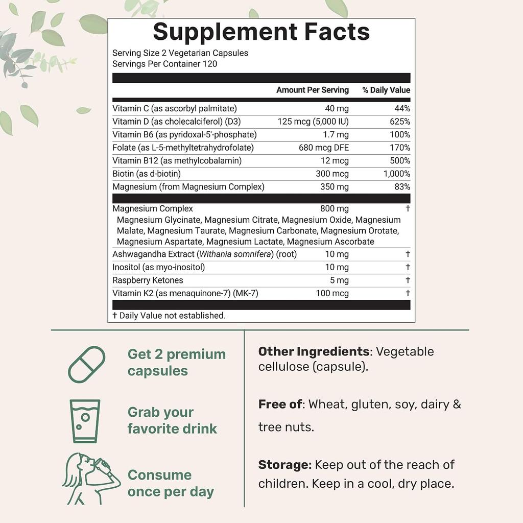 Women's 20-in-1 Magnesium Complex with D3, K2 & Ashwagandha, 240 Vegan Capsules
