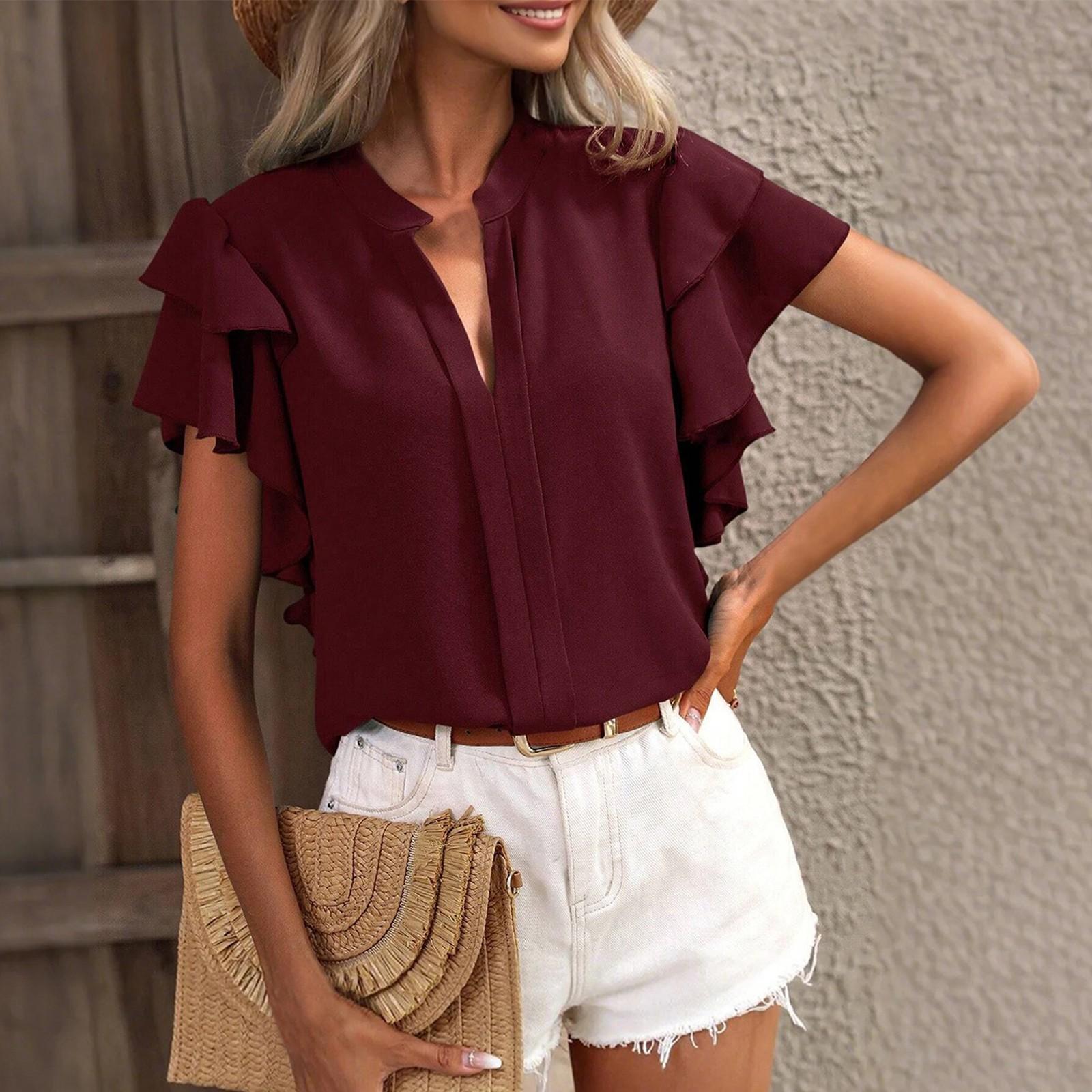 

Женская однотонная рубашка с V-образным вырезом и двухслойными рукавами XL винный