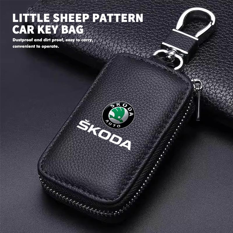 WFDZ5 Car Key Protector Bag Key Holder Mini Auto Key Case Wallet Zipper Bag Keychain For Skoda S Kodiaq Octavia 2 3 Yeti Karoq Rapid