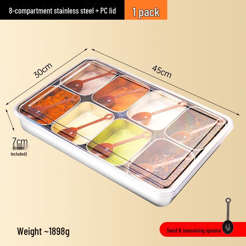 

Stainless Steel 8-Grid Seasoning Box with Lid and Spoons