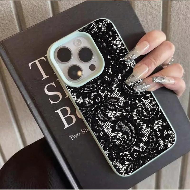 Black Lace Pattern Personalized Mobile Phone Case For iPhone 16 17 Pro Max 15 Plus 14 13 12 11 17 Air XS XR Faux Leather Cover