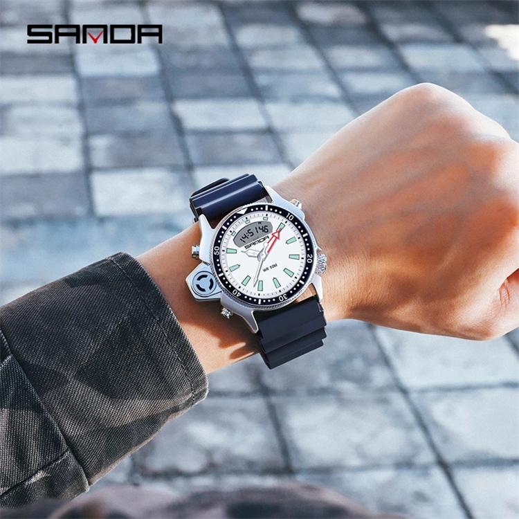 Montre-bracelet Sanda 3008 pour homme, bracelet en résine numérique, mode décontractée, sport, célèbre, étanche, horloge à quartz avec fonction alarme