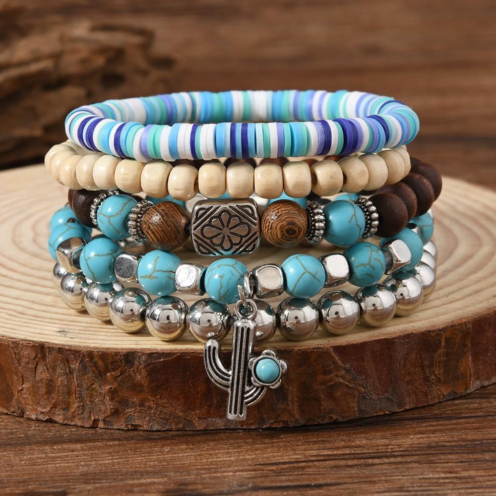 Türkis Schmuck, Damen Armbänder, Böhmische Türkis Retro Perlenarmbänder, Gestapeltes Set Armbänder.