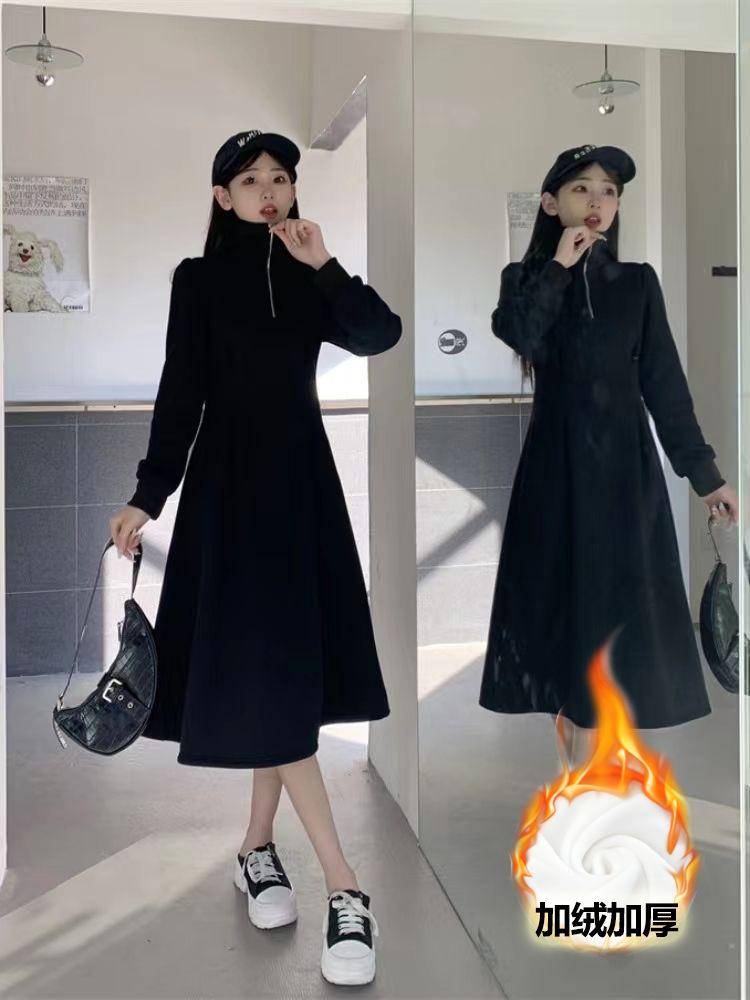 

Dress autumn and winter French heart neckline zipper fashion high sense waist thin light luxury women s dress 3XL чорний