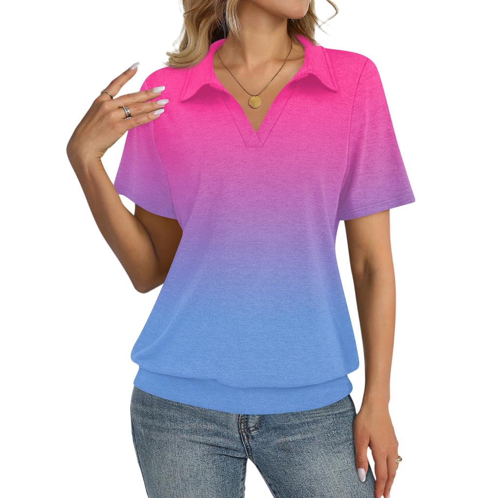 Damesmode Casual Revers Korte Mouw Bedrukt Shirt Dames Up Tops