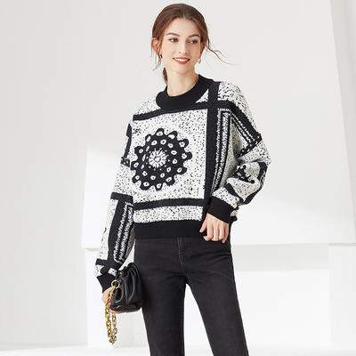 Fall Winter Harajuku Knitted Sweater Retro Vintage  Streetwear Pullover Floral Jacquard Women Cropped Tops  C-270