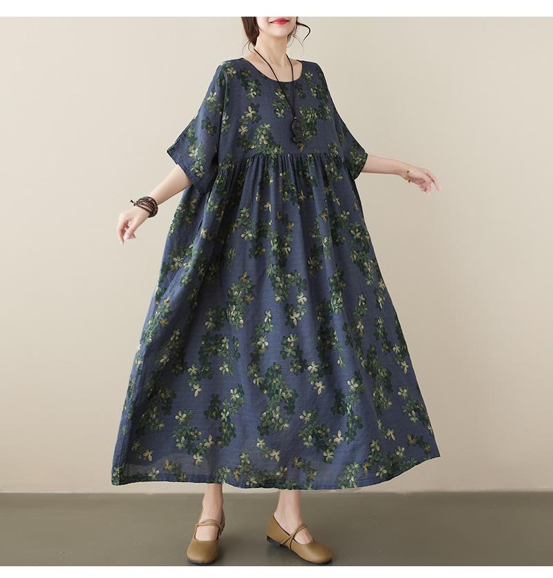 Plussstørrelse Dame Vintage Blomst Oversized Bomullskjole Sommer Løs Casual Rund Hals Kort Erm Elegant Bohemsk Lang Kjole