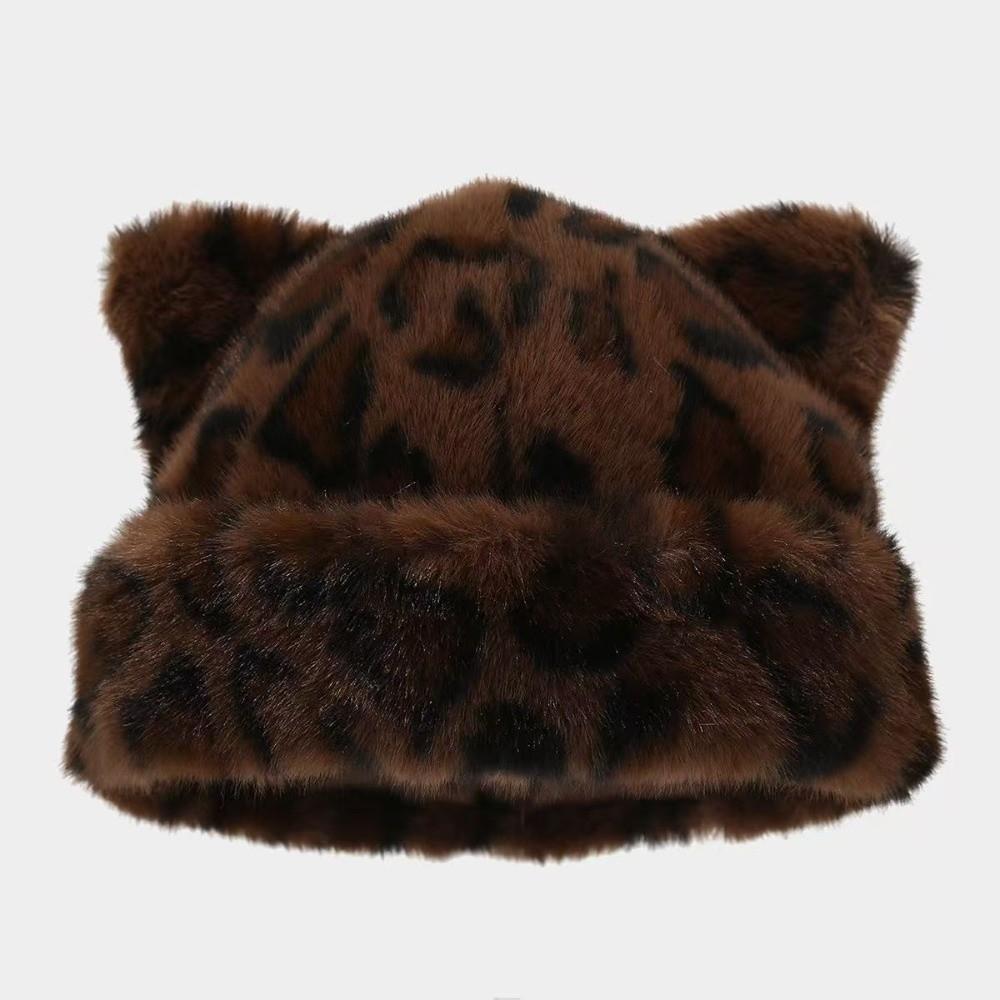Korean Style Leopard Ear Beanie Soft Brimless Beanie Cap Versatile Plush Bear Hat  Girls