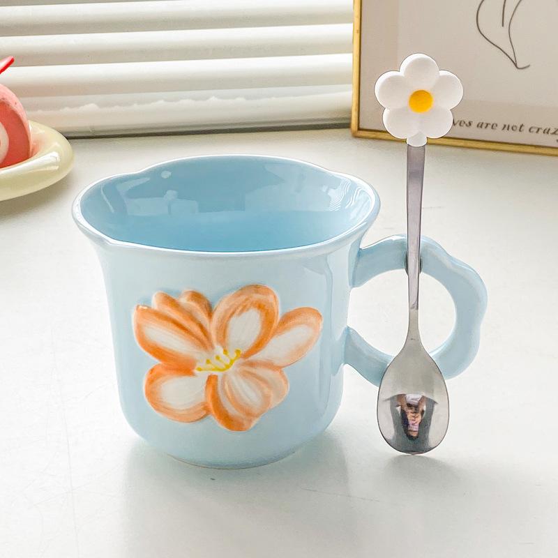 Ins Style High Value Flower Mug Girls Office Ceramic Drinking Cup Korean Coffee Cup Milk Cup
