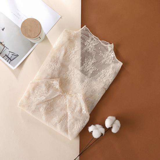 Women Lace Shirt Half High Collar Long Sleeve See-through Embroidery Lace Flower Pattern Tops Sexy Bottom Tops