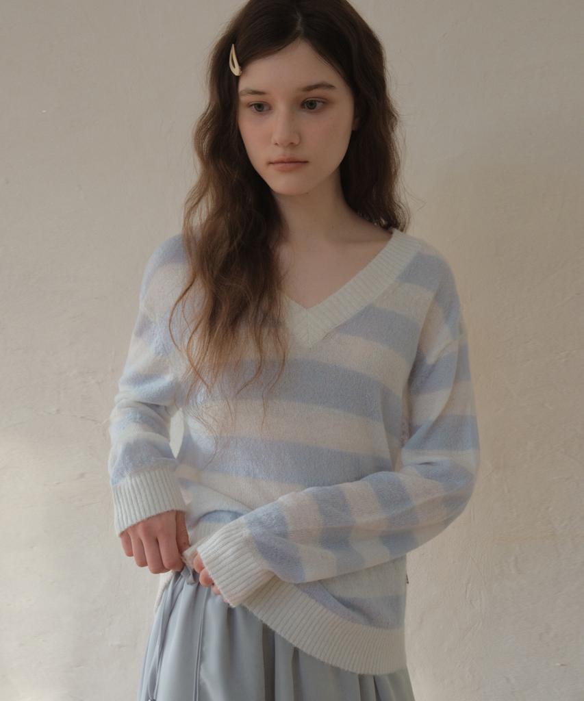 Aueonoseuteljia Hairy Stripe V-Neck Knit_Sky Blue(Oc26Kn13)