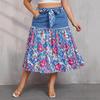 Dames Midi Denim Rokken Hoge Taille Denim Patchwork Chiffon Bloemen Vloeiend Jean Rok Lange Stretch Casual A-lijn Ruche Vloeiende Jean Rok voor Dames