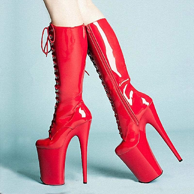 20cm High Heel Front Lace Up Tube Boots Patent Leather High Heel Boots Pole Dance Shoes Nightclub Shoes