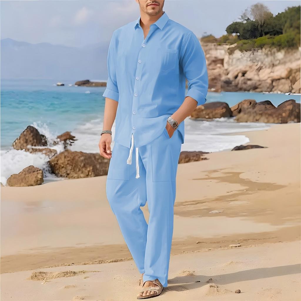Spring Summer Autumn Men's Casual Long-Sleeved Set Solid Shirt and Pants - Comfortable and Fashionable Two-Piece Set