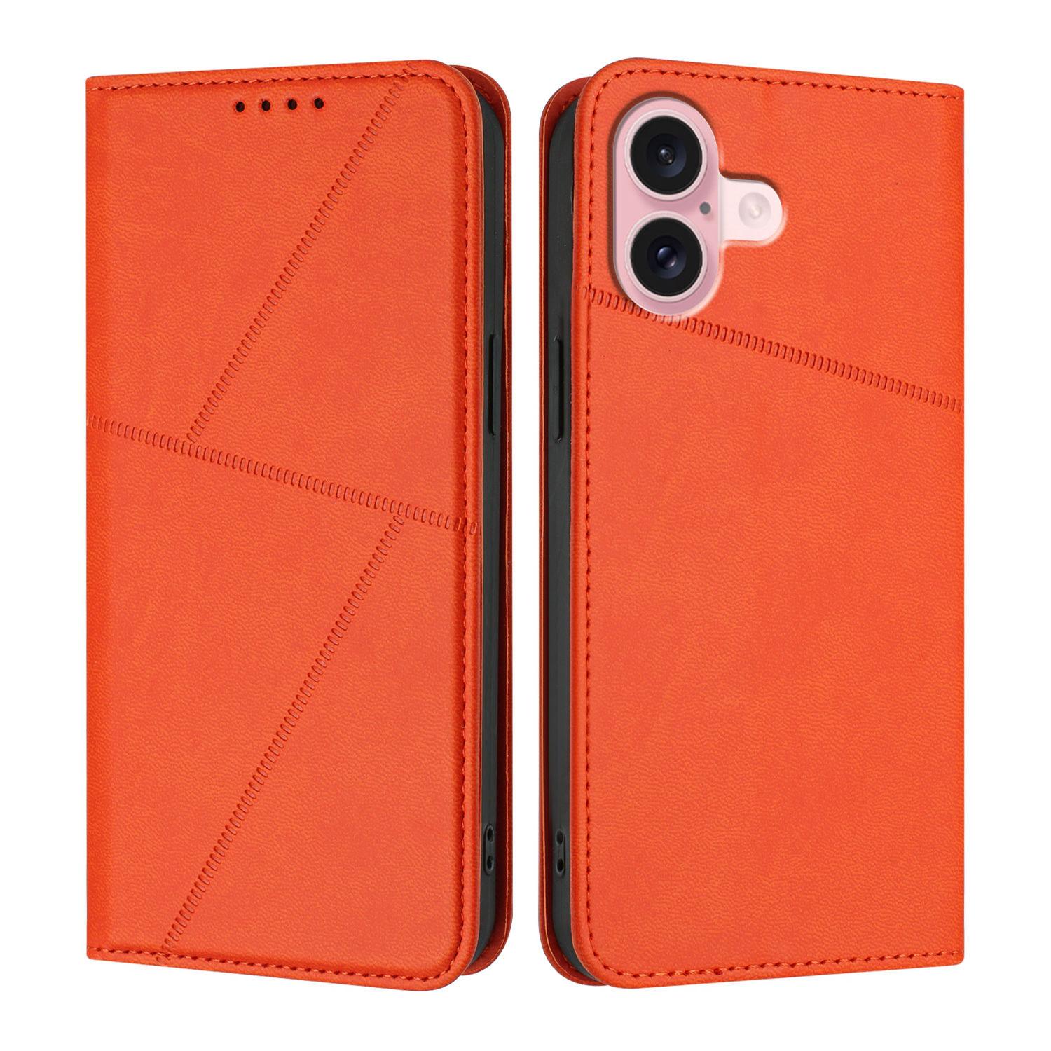 

For iPhone 16 Wallet Case Magnetic Closure Leather Flip Phone Cover with Stand Orange