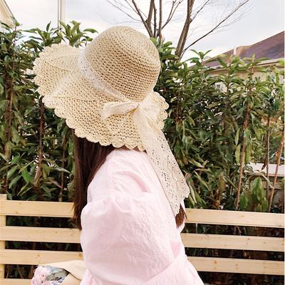 Lace Bow Three-dimensional Crochet Straw Hat Foldable Big Brim Hat Children Spring and Summer Beach Visor New
