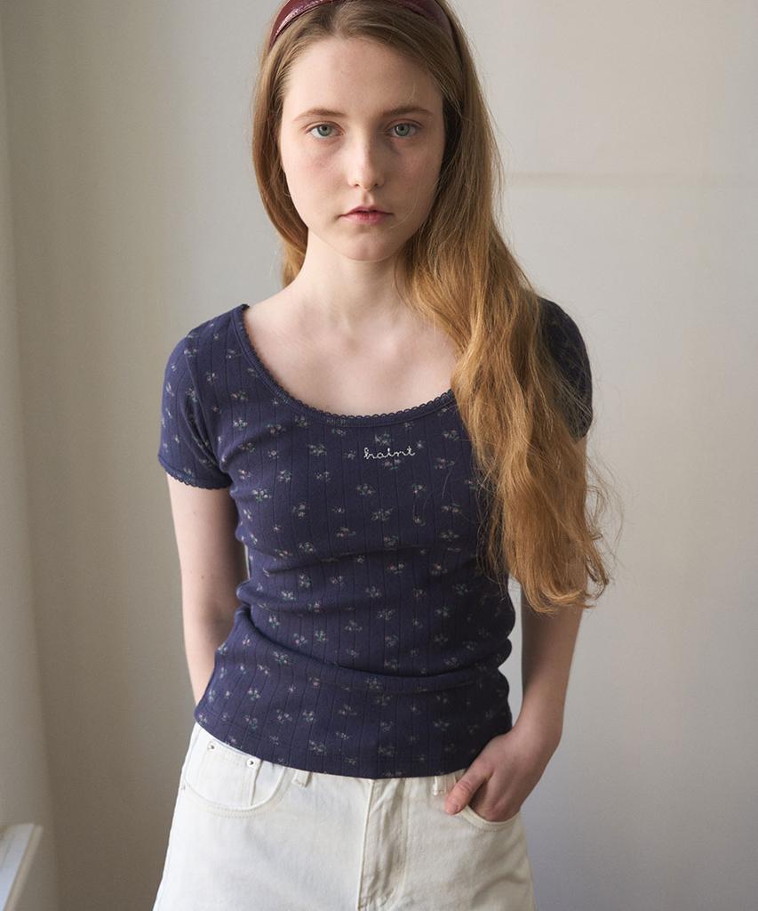 HAINT Flower Printed Eyelet T-Shirt 2Col_Navy