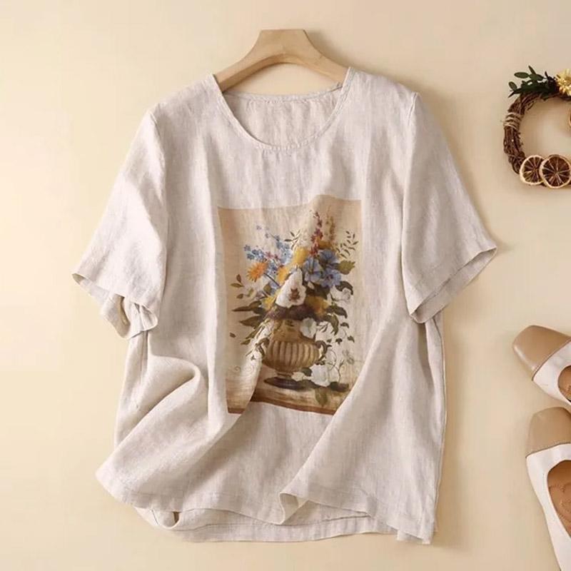 Cotton Short-sleeved T-shirt Female Summer Vintage Printed Round Neck Loose Thin Casual Hemp Blouse