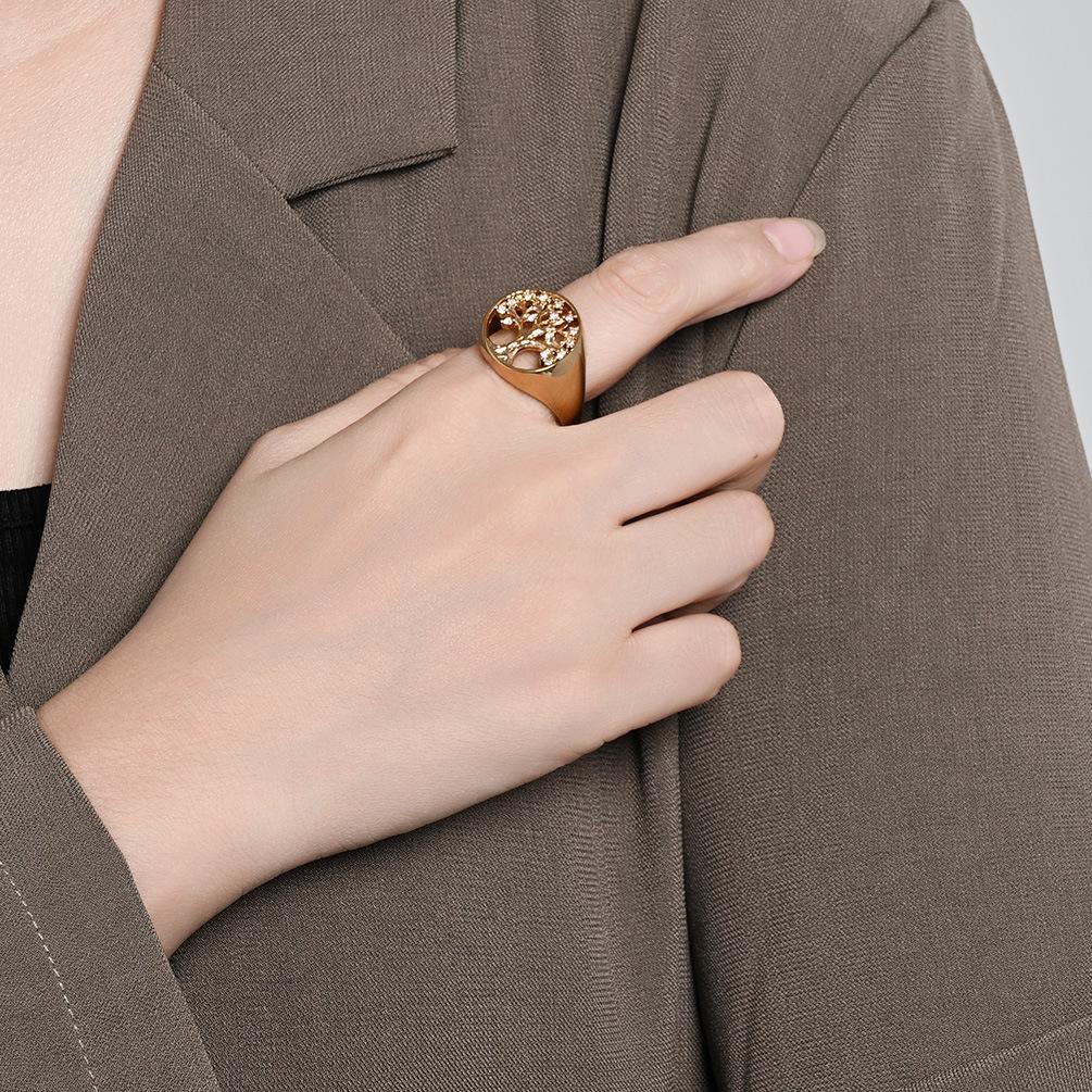 Tree of Life Zircon Ring for Women – 18K Gold Plated Titanium Steel, Elegant Fashion Jewelry, Adjustable Band