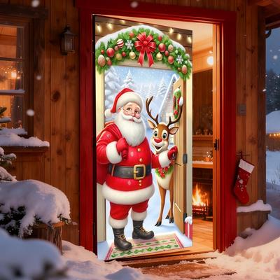 Décorations de Couverture de Porte de Noël Père Noël Envoi de Cadeau Bannière d'Arrière-plan pour Intérieur Extérieur Maison Porche Décorations de Fêtes Fournitures