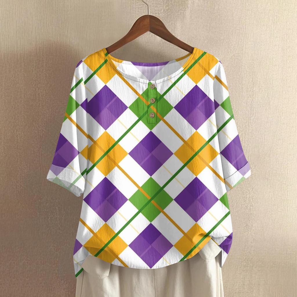 Damska casualowa i wygodna bawełniano-lniana bluzka z okrągłym dekoltem, średniej długości, z modnym nadrukiem