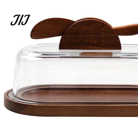 Wooden Butter Container for Refrigerator Dish with Glass Lid And Knife, Holder Kitchen Storage Box Counter Countertop & Refrigerator, Keeper
