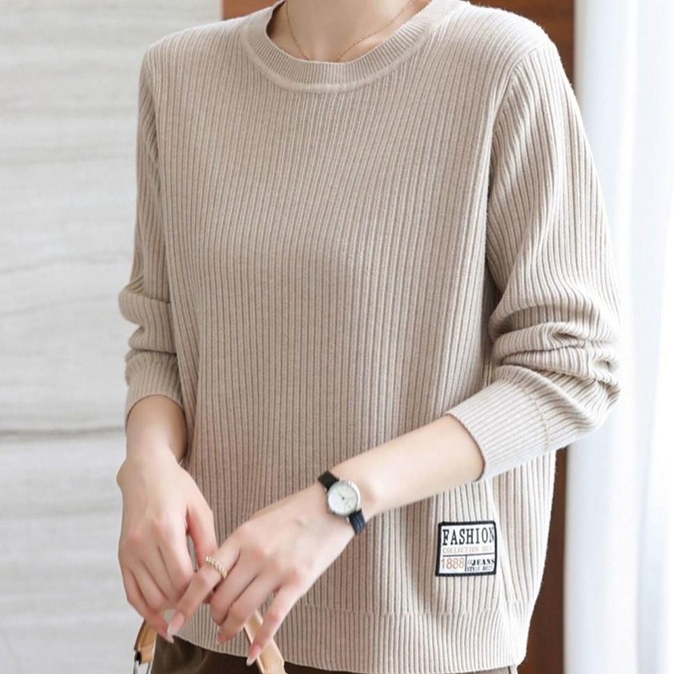 Plus-size Sweater Women's Loose Round-neck Pullover Casual Long-sleeved Solid-color Knitted Sweater Autumn and Winter Top
