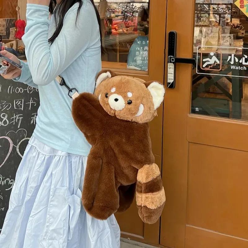 Plüsch Roter Panda Rucksack Niedliche Plüschpuppe Damen Umhängetasche Fell Weiche Schultertasche für Camping Reisen Party Weibliches Geburtstagsgeschenk