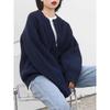 Men's Deep Blue Zip-Up Knit Cardigan: Japanese Lazy Style, Round Neck, Autumn/Winter, Loose Fit, Couple Sweater
