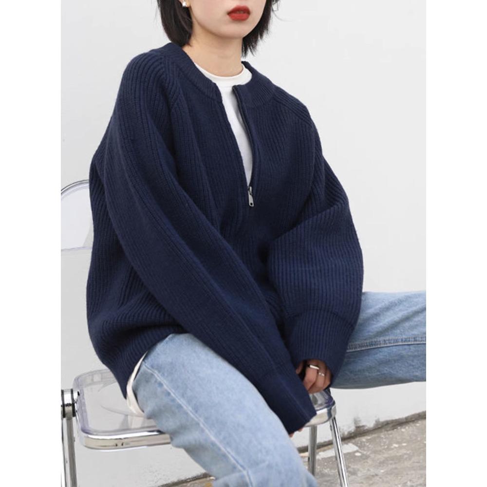 Men's Deep Blue Zip-Up Knit Cardigan: Japanese Lazy Style, Round Neck, Autumn/Winter, Loose Fit, Couple Sweater
