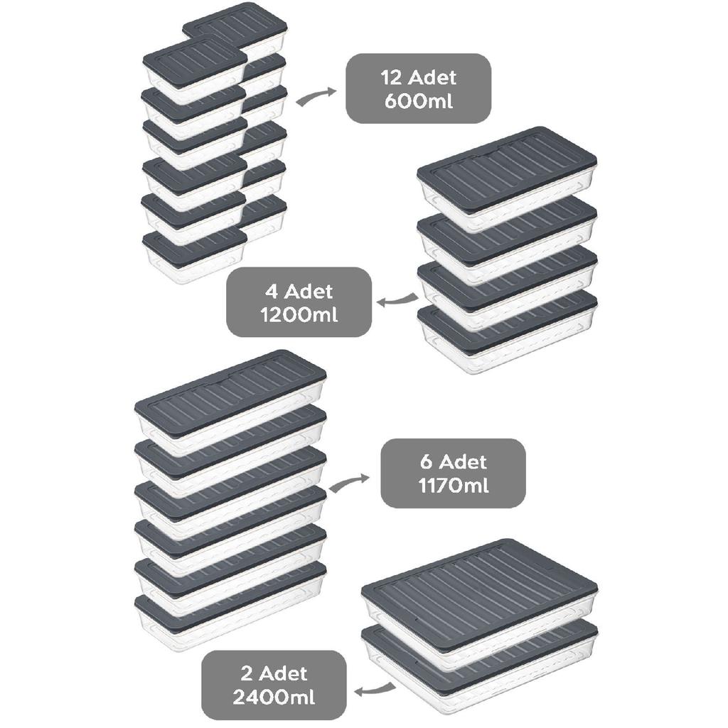 24 Piece Storage Container, Microwave Compatible Storage Container 2x2400ml 4x1200ml 6x1170ml 12x600ml Anthracite