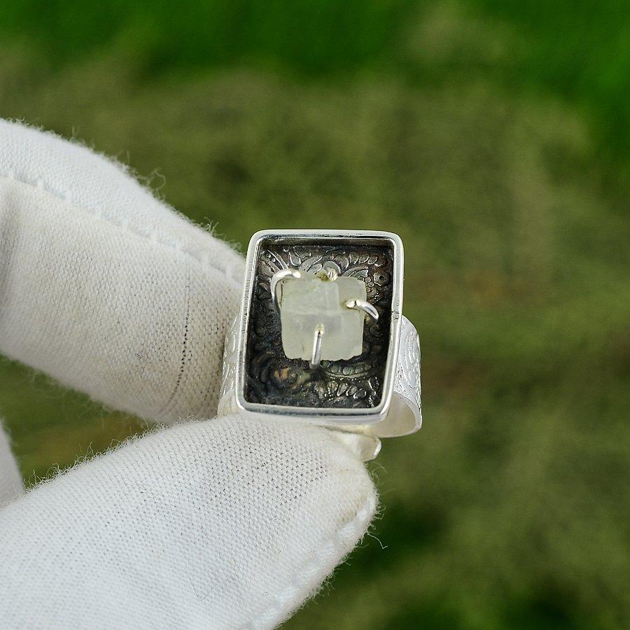 925 Silver Natural Rainbow Moonstone Rough Multi Stone Adjustable Ring