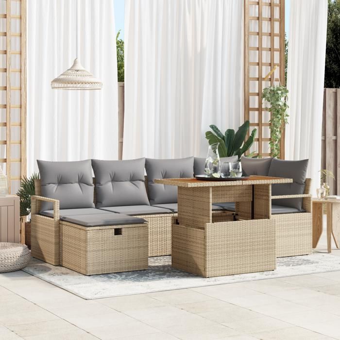 VidaXL Ensemble de canapé de jardin de 7 pièces avec coussins Beige Rattan Poly 3359997