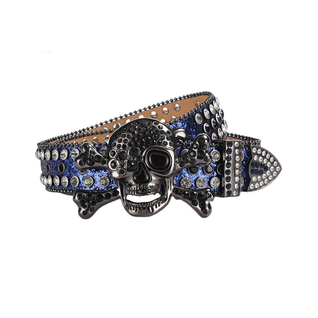 Adult Sequins Belt for Disco Party Waist Belt Rhinestones Skull Buckle Thin Waist Belt Street Cultures Enthusiasts Belt